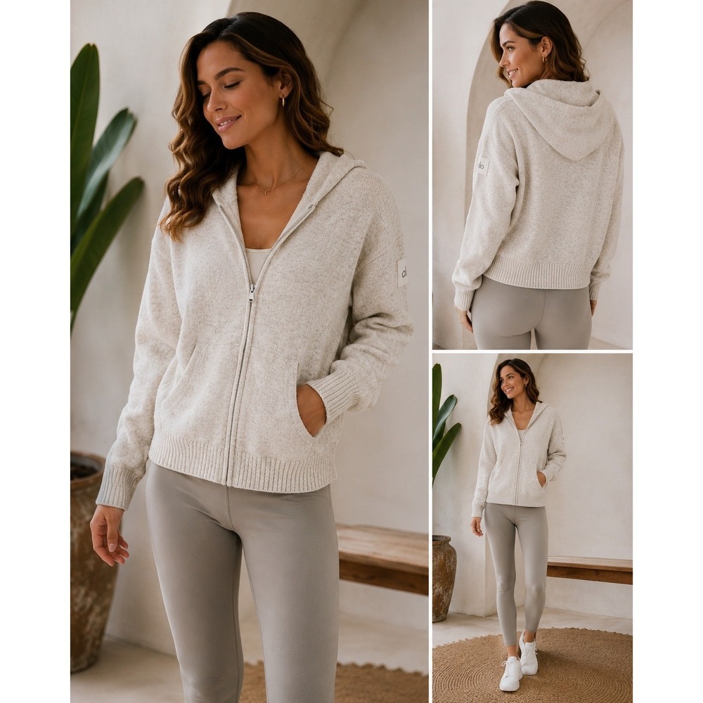 Alo Yoga New Class Wool Cashmere Full Zip Hoodie Oatmeal Beige XXL Oversize Luxe